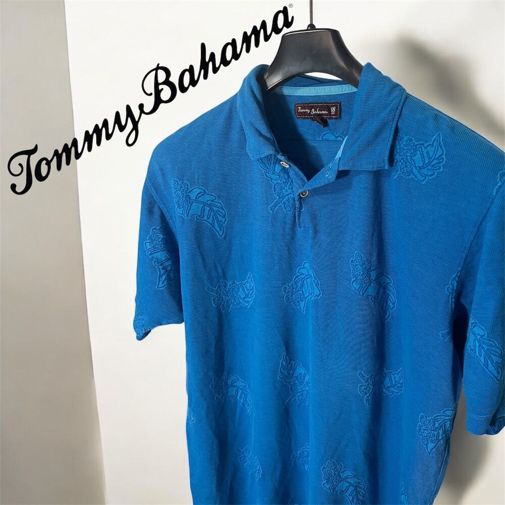 Tommy Bahama Polo‎ Mens Size M Medium Blue Tropical Leaves Short Sleeve Cotton